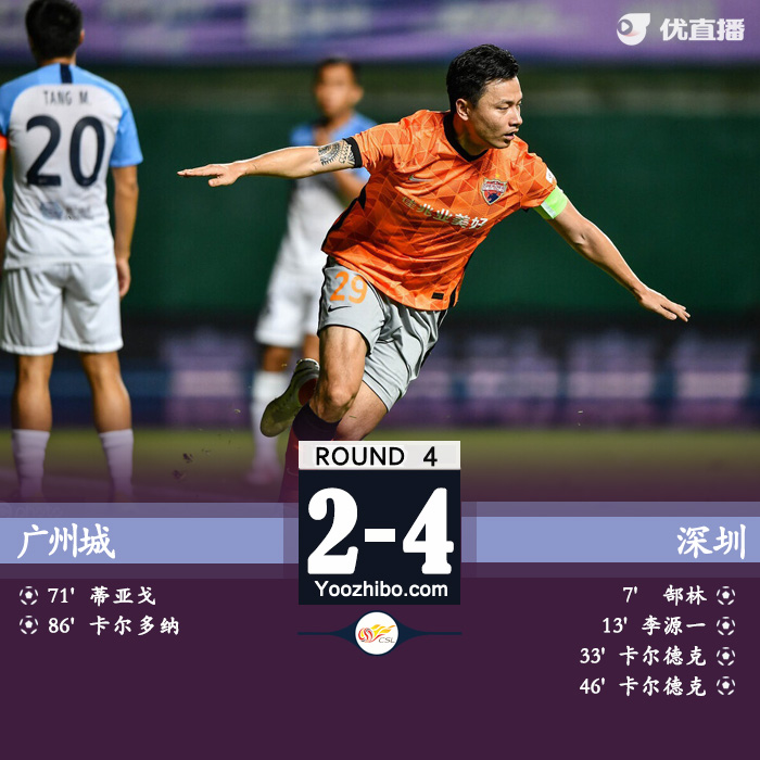 深圳4-2广州城 卡尔德克造三球郜林传射建功